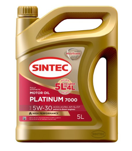Акция 5л по цене 4л Масло мотор. SINTEC PLATINUM 7000 SAE 5W30 ACEA A3/B4 API SL/CF (5л) 1*4шт